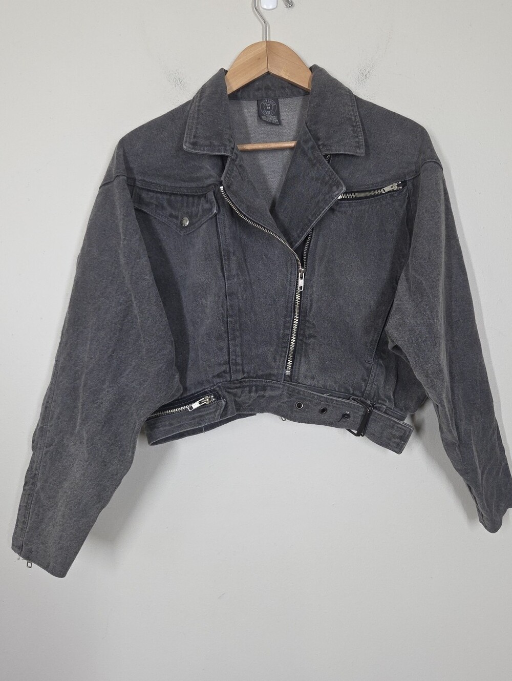 Vtg 80s 90s Gitano Belted Cropped Denim Moto Biker Jacket M Grunge Punk Zippers